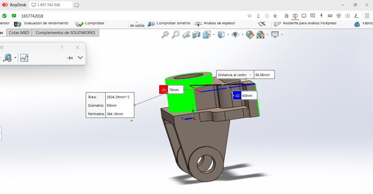 Análisis de propiedades de pieza mecánica en SolidWorks